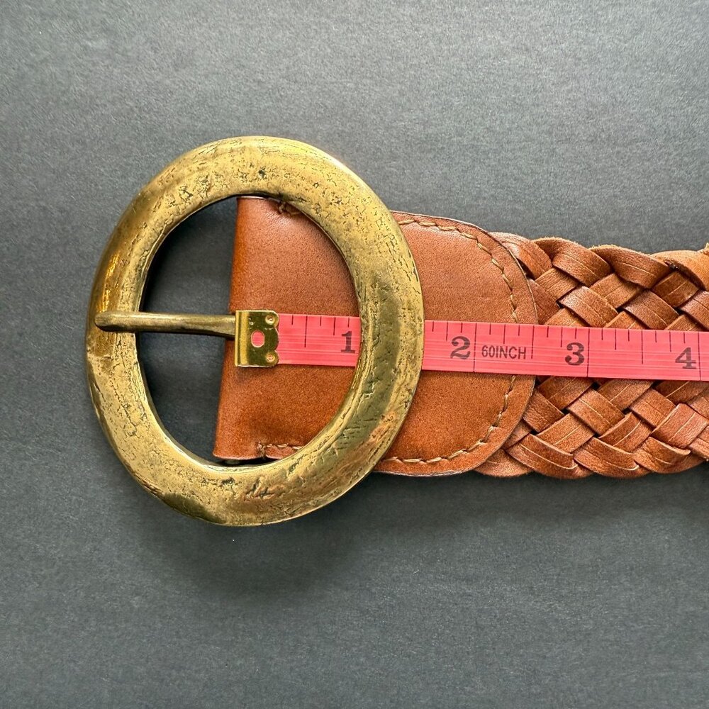 Chico's Macarthy Brown Woven Leather Belt Oversized Brass Buckle 45" Adjustable - Picture 7 of 11